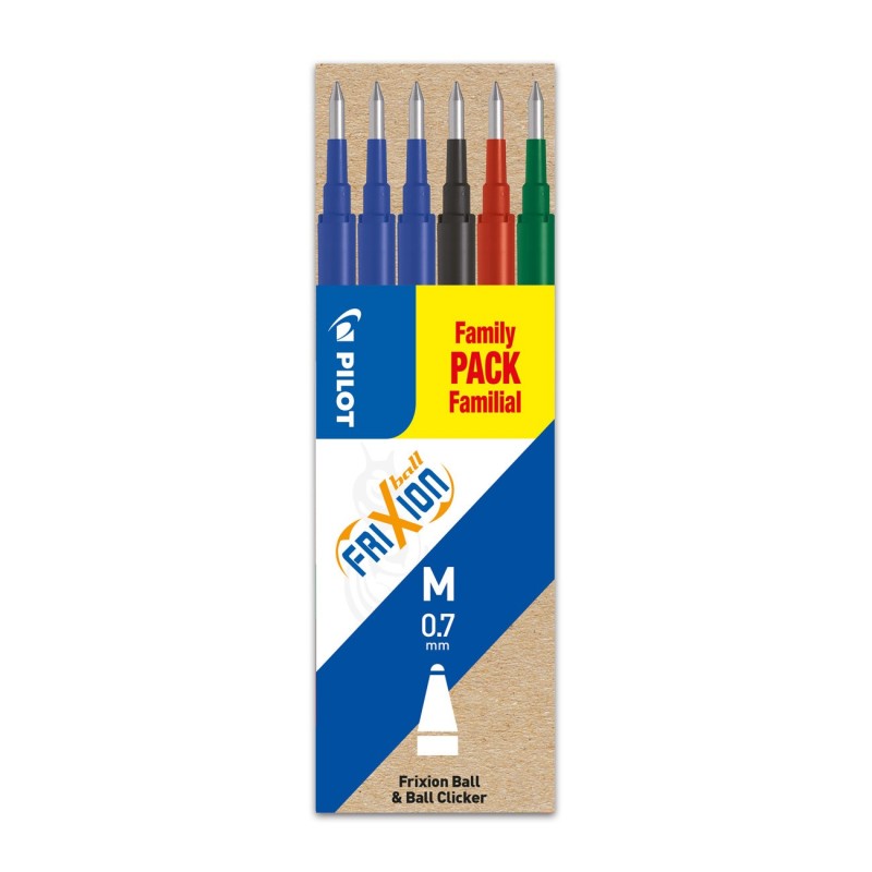 Pilot Recharge pour stylo roller encre gel effaçable FriXion Ball et FriXion Clicker pointe moyenne 0,7 mm - Pochette de 6 couleurs assorties