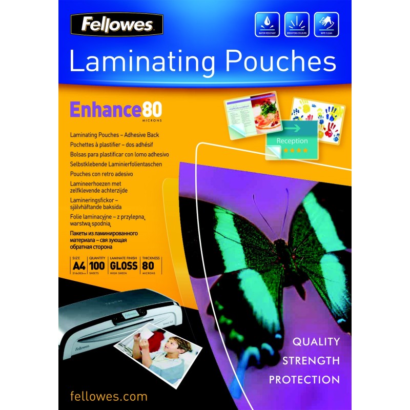 Fellowes Pochettes de plastification A4 dos adhésif - Epaisseur : 80 microns par face - Boîte de 100