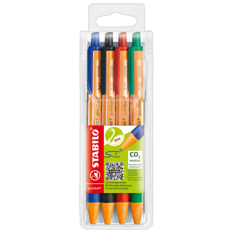 STABILO Stylo bille rétractable pointball pointe moyenne - Couleurs d'encre assorties : noir, bleu, vert, rouge