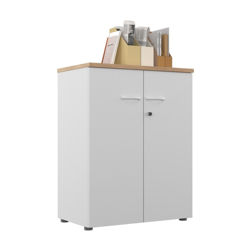 Armoire mi-hauteur portes battantes L.80 x P.48 x H.104 cm - Corps Blanc - Top Chêne Nebraska
