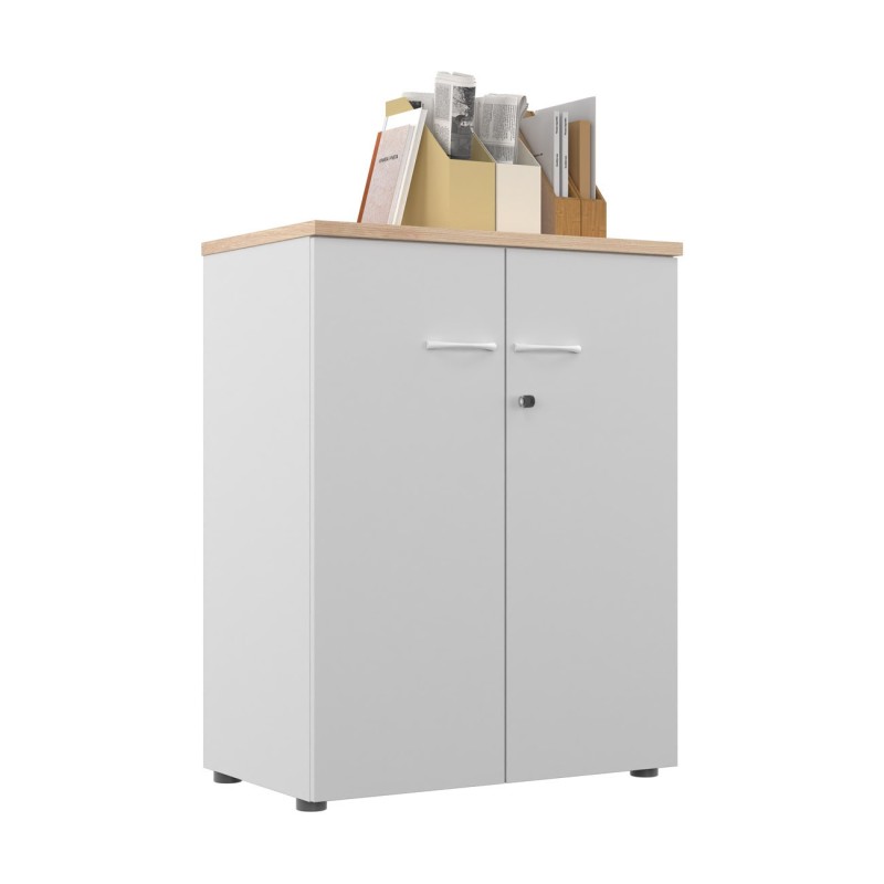 Armoire mi-hauteur portes battantes L.80 x P.48 x H.104 cm - Corps Blanc - Top Chêne