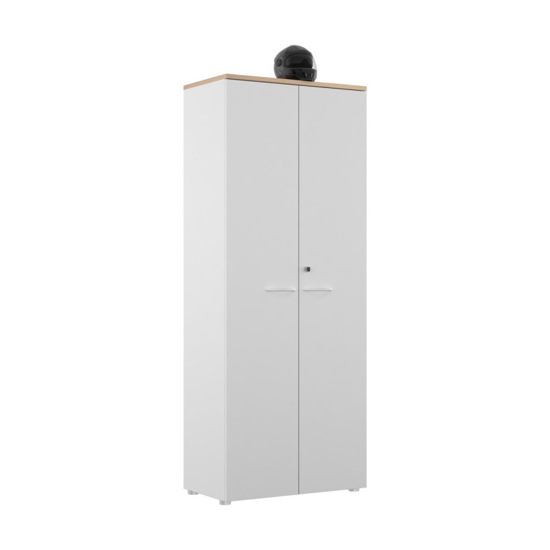 Armoire haute portes battantes L.80 x P.48 x H.203 cm - Corps Blanc - Top Chêne