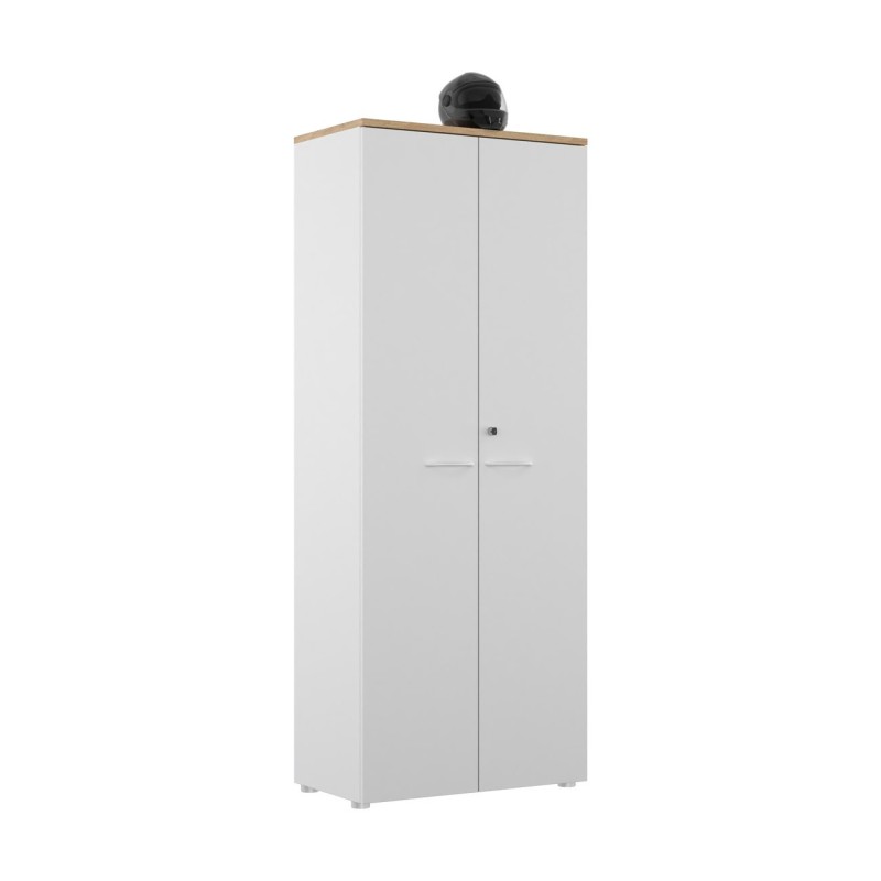 Armoire haute portes battantes L.80 x P.48 x H.203 cm - Corps Blanc - Top Chêne Nebraska