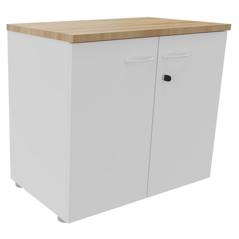 Armoire basse portes battantes L.80 x P.48 x H.72 cm - Corps Blanc - Top Chêne Nebraska