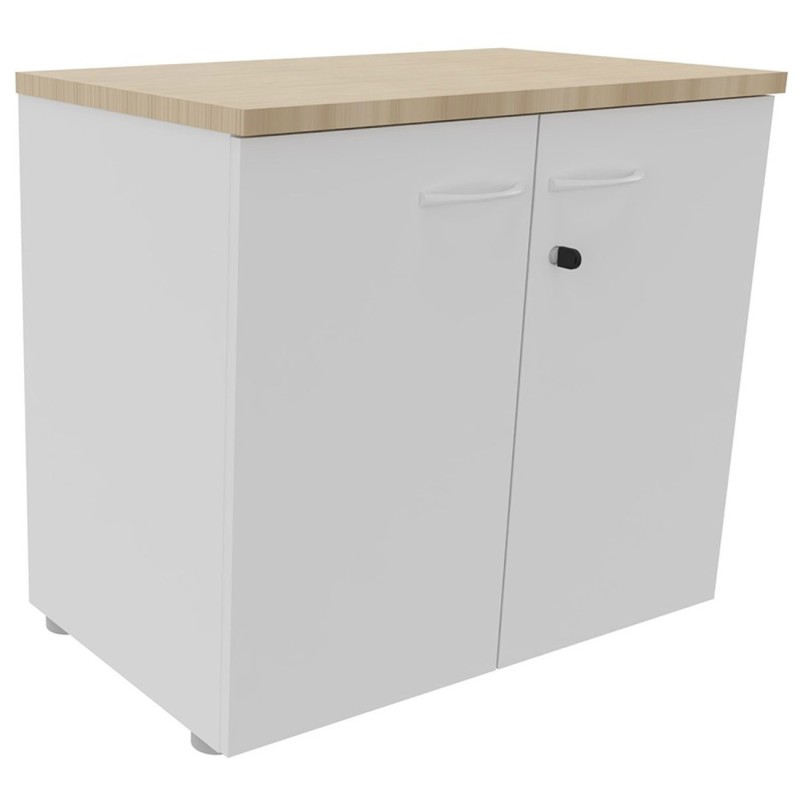 Armoire basse portes battantes L.80 x P.48 x H.72 cm - Corps Blanc - Top Chêne