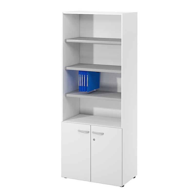 Bibliothèque haute 2 portes basses L.80 x P.48 x H.201 cm - Corps Blanc - Top Blanc