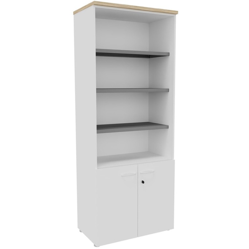 Bibliothèque haute 2 portes basses L.80 x P.48 x H.201 cm - Corps Blanc - Top Chêne