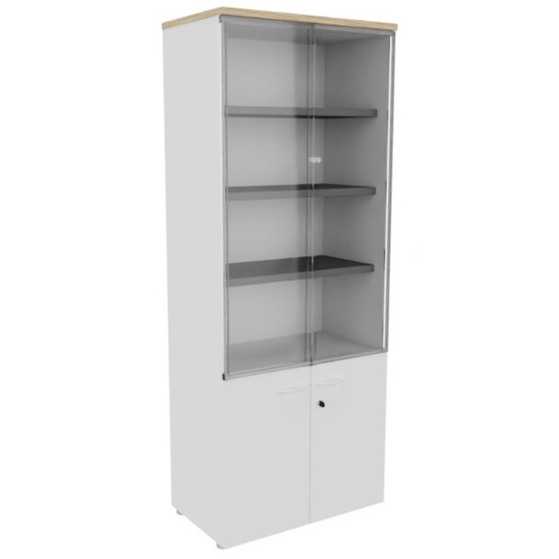 Bibliothèque haute 4 portes dont 2 vitrées L.80 x P.48 x H.201 cm - Corps Blanc - Top Chêne