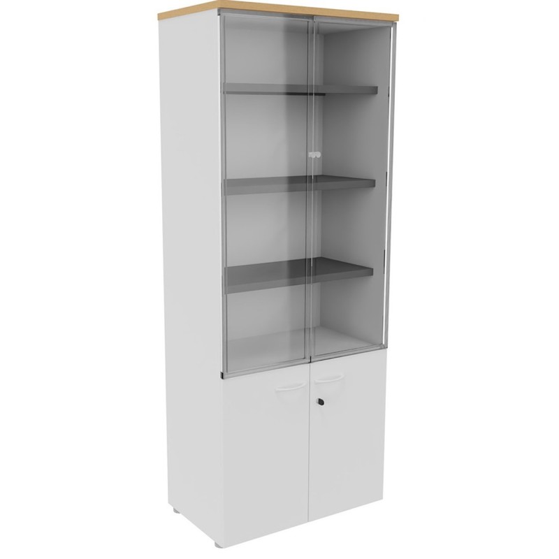 Bibliothèque haute 4 portes dont 2 vitrées L.80 x P.48 x H.201 cm - Corps Blanc - Top Hêtre