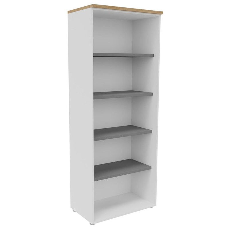 Bibliothèque haute sans porte L.80 x P.48 x H.201 cm - Corps Blanc - Top Chêne Nebraska