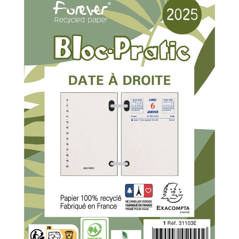 Exacompta Bloc éphéméride - Date à droite 8,2 x 12 cm Papier 100% Recyclé - 2025