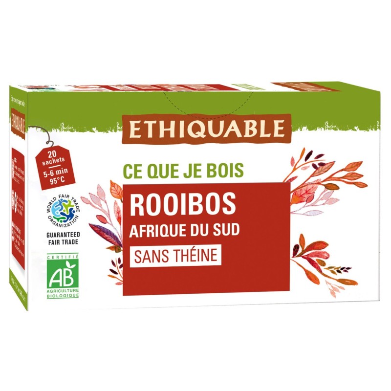 Ethiquable Thé infusion Rooibos Bio et équitable d'Afrique de Sud - Boîte de 20 sachets fraîcheur