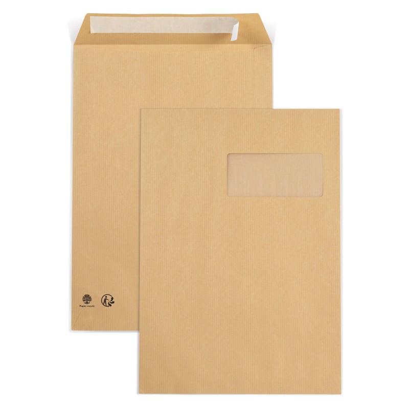 RAJA Pochette kraft brun recyclée C4 229 x 324 mm 90g fenêtre 50 x 100 mm - autocollante bande protectrice - Lot de 250