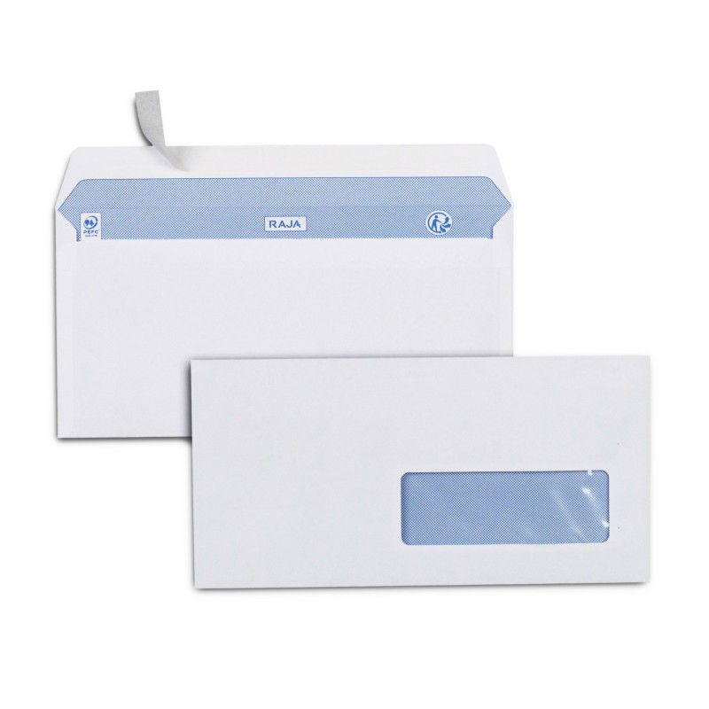 RAJA Enveloppe blanche Premium DL 110 x 220 mm 90g fenêtre 35 x 100 mm - autocollante bande protectrice - Lot de 500
