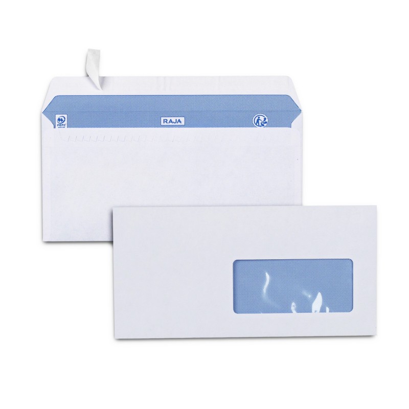 RAJA Enveloppe blanche Premium DL 110 x 220 mm 90g fenêtre 45 x 100 mm - autocollante bande protectrice - Lot de 500