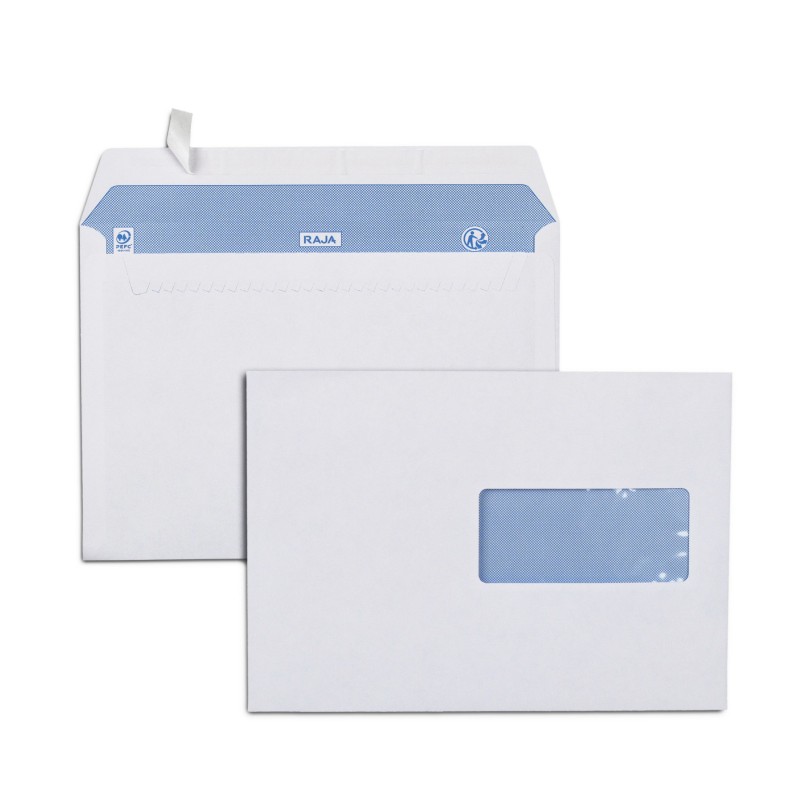 RAJA Enveloppe blanche Premium C5 162 x 229 mm 90g fenêtre 45 x 100 mm - autocollante bande protectrice - Lot de 500