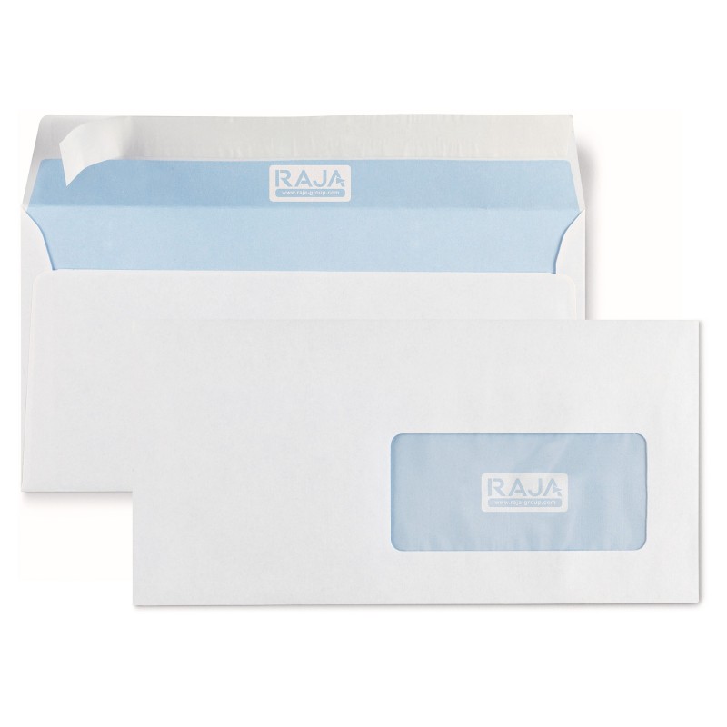 RAJA Enveloppe blanche DL 110 x 220 mm 80g fenêtre 45 x 100 mm - autocollante bande protectrice - Lot de 500
