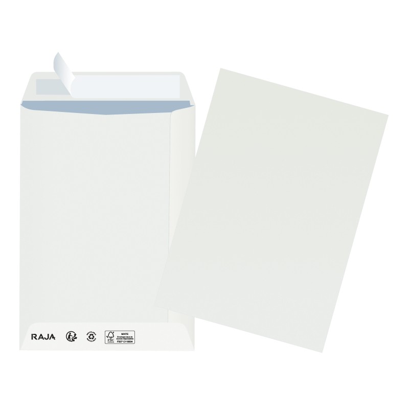 RAJA Pochette blanche recyclée C5 162 x 229 mm 90g sans fenêtre - autocollante bande protectrice - Lot de 500
