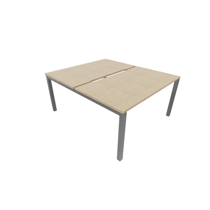 Bureau droit partagé 2 postes Burocolor échancré - Départ - L.120 x P.163 cm - Plateau Chêne - Pieds Aluminium