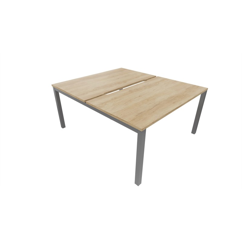 Bureau droit partagé 2 postes Burocolor échancré - Départ - L.120 x P.163 cm - Plateau Chêne Nebraska - Pieds Aluminium