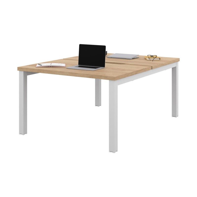 Bureau droit partagé 2 postes Burocolor échancré - Départ - L.120 x P.163 cm - Plateau Chêne Nebraska - Pieds Blanc