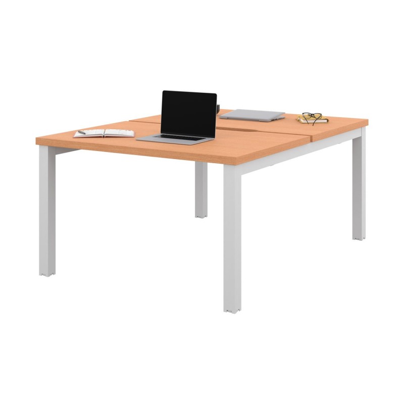 Bureau droit partagé 2 postes Burocolor échancré - Départ - L.120 x P.163 cm - Plateau Hêtre - Pieds Blanc