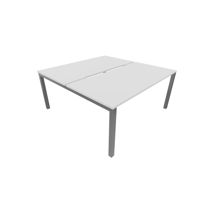 Bureau droit partagé 2 postes Burocolor échancré - Départ - L.140 x P.163 cm - Plateau Blanc - Pieds Aluminium