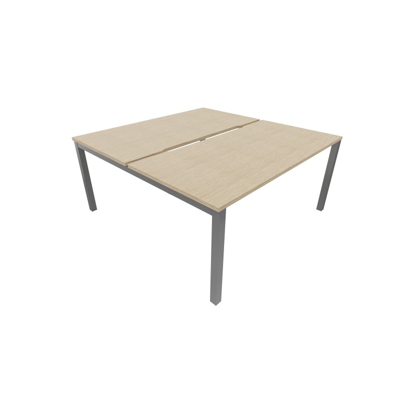 Bureau droit partagé 2 postes Burocolor échancré - Départ - L.140 x P.163 cm - Plateau Chêne - Pieds Aluminium