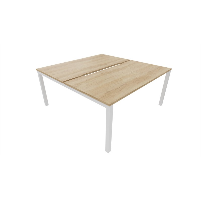 Bureau droit partagé 2 postes Burocolor échancré - Départ - L.140 x P.163 cm - Plateau Chêne Nebraska - Pieds Blanc