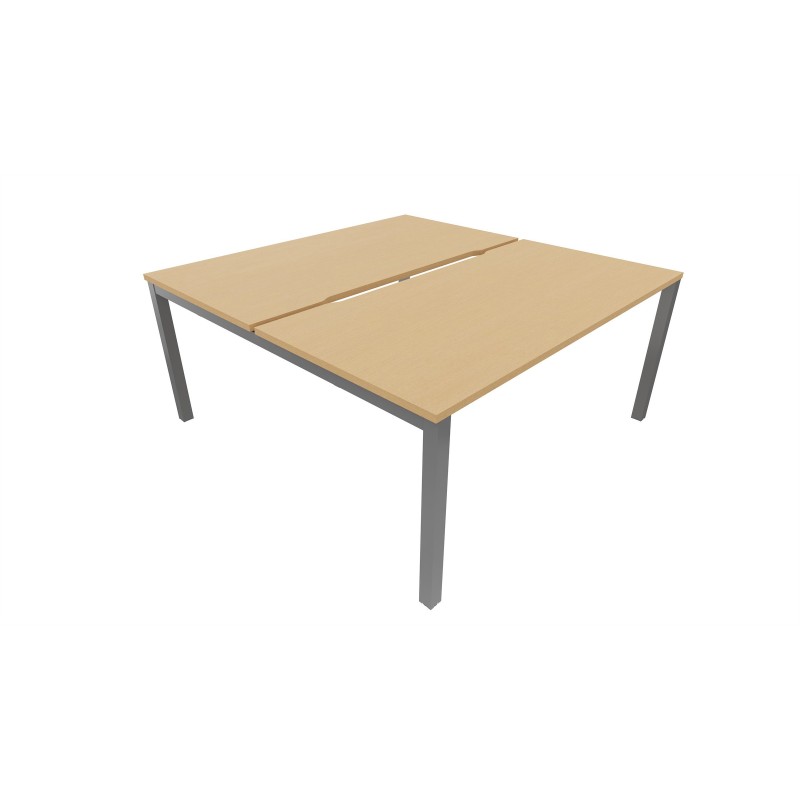 Bureau droit partagé 2 postes Burocolor échancré - Départ - L.140 x P.163 cm - Plateau Hêtre - Pieds Aluminium