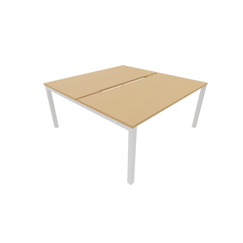 Bureau droit partagé 2 postes Burocolor échancré - Départ - L.140 x P.163 cm - Plateau Hêtre - Pieds Blanc