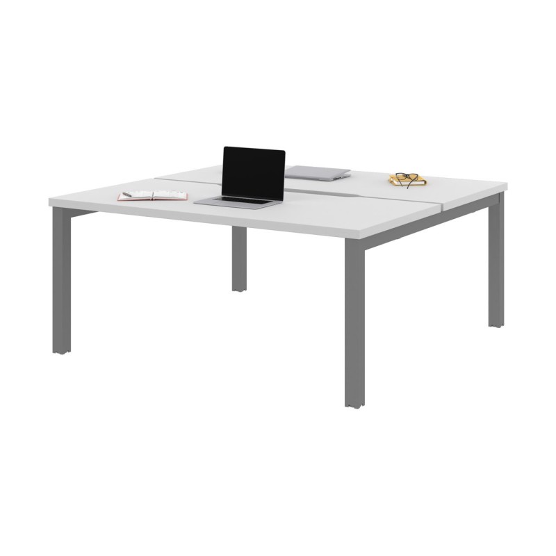 Bureau droit partagé 2 postes Burocolor échancré - Départ - L.160 x P.163 cm - Plateau Blanc - Pieds Aluminium