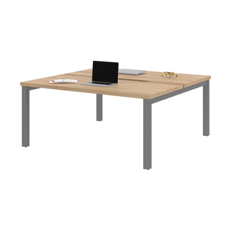 Bureau droit partagé 2 postes Burocolor échancré - Départ - L.160 x P.163 cm - Plateau Chêne Nebraska - Pieds Aluminium