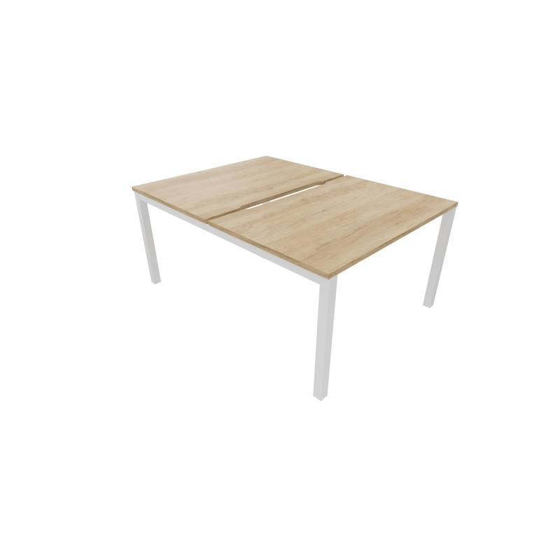 Bureau droit partagé 2 postes Burocolor échancré - Départ - L.160 x P.163 cm - Plateau Chêne Nebraska - Pieds Blanc