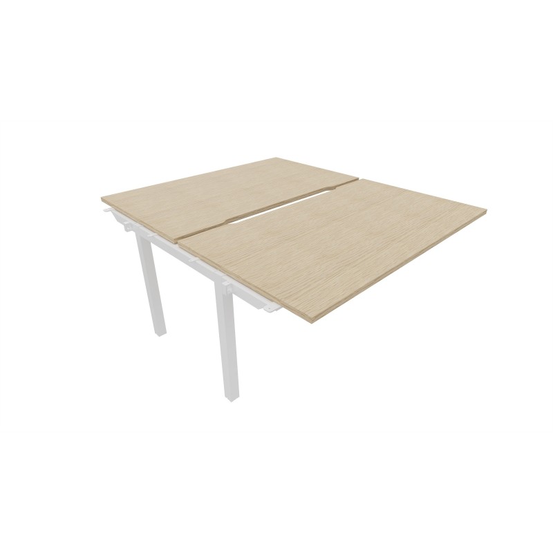 Bureau droit partagé 2 postes Burocolor échancré - Suivant - L.140 x P.163 cm - Plateau Chêne - Pieds Blanc