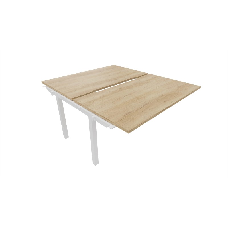Bureau droit partagé 2 postes Burocolor échancré - Suivant - L.140 x P.163 cm - Plateau Chêne Nebraska - Pieds Blanc