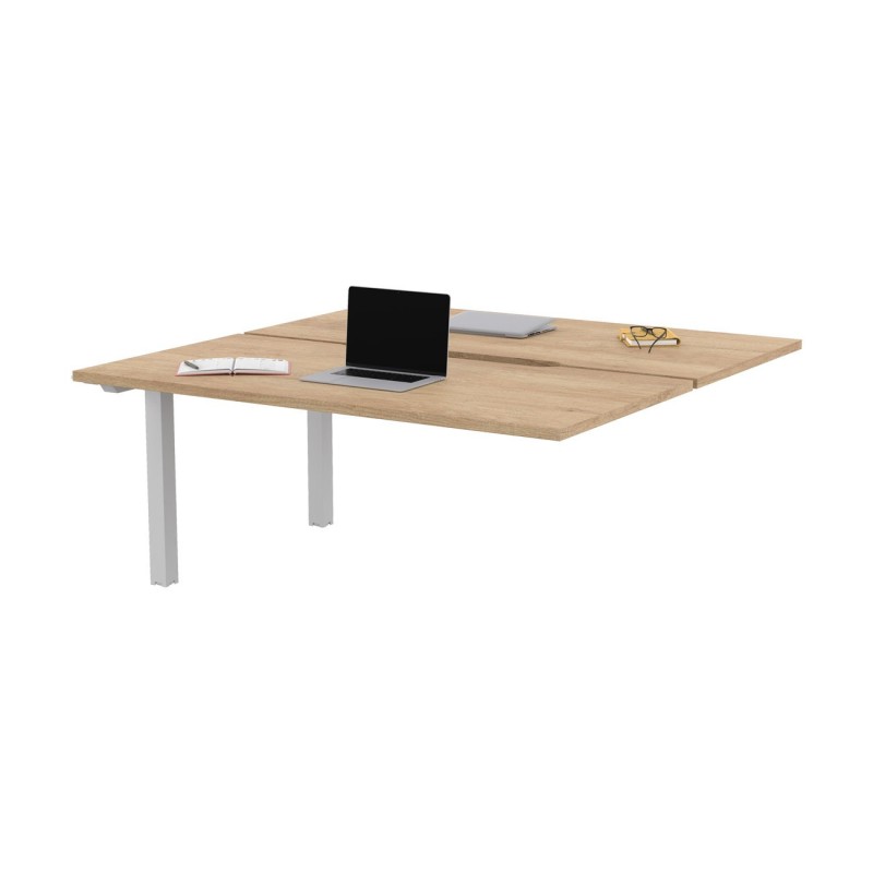 Bureau droit partagé 2 postes Burocolor échancré - Suivant - L.160 x P.163 cm - Plateau Chêne Nebraska - Pieds Blanc