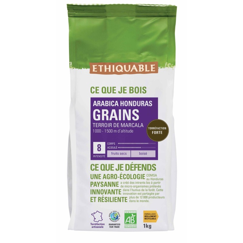 Ethiquable Café en grains Honduras Arabica Bio et équitable - Intensité 8 - 1kg