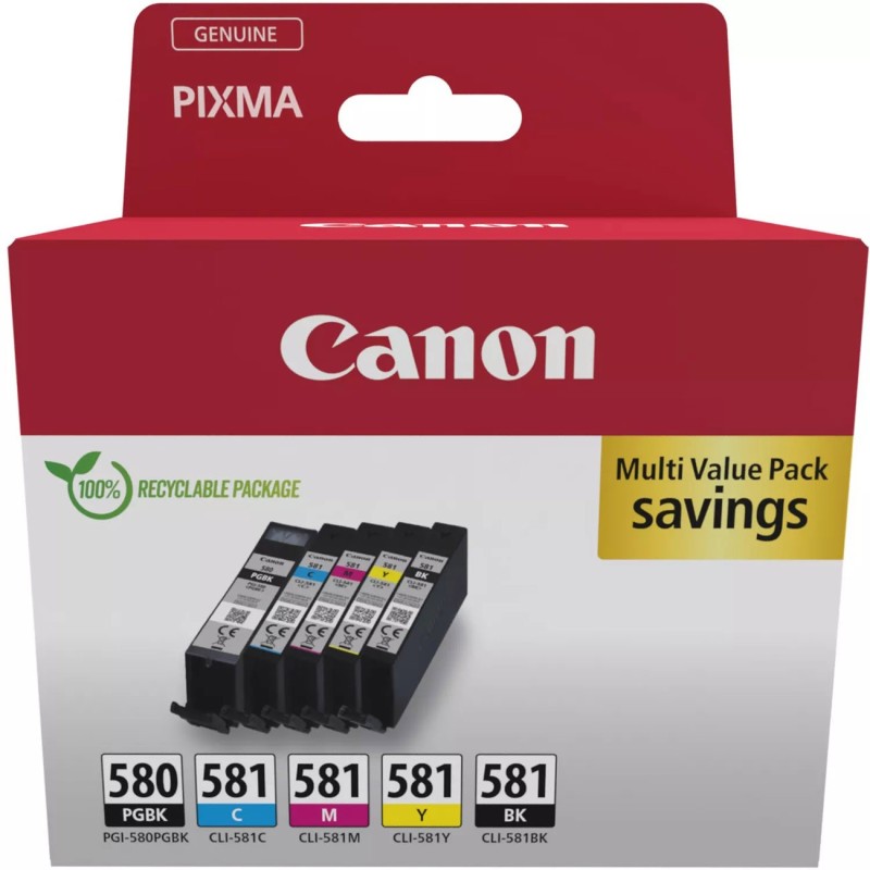 Canon PGI-580 PGBK/CLI-581 CMYBK Cartouche d'encre authentique grande capacité 2078C007 - Pack de 5 (Noir, Noir Photo, Cyan, Magenta, Jaune)