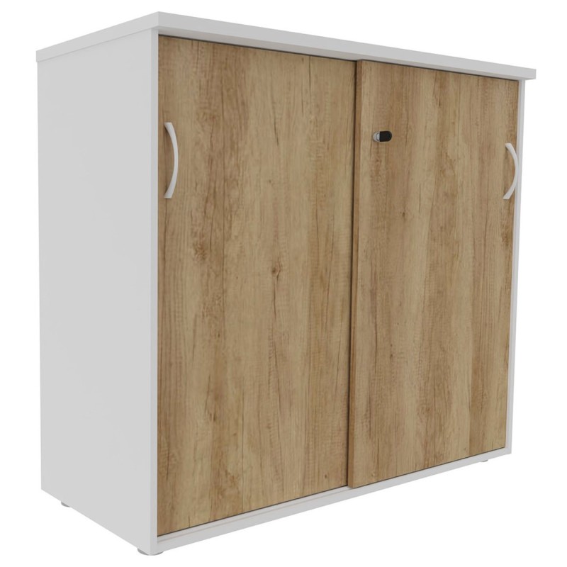 Armoire mi-hauteur portes coulissantes L.120 x P.48 x H.104 cm - Corps Blanc - Top Chêne Nebraska