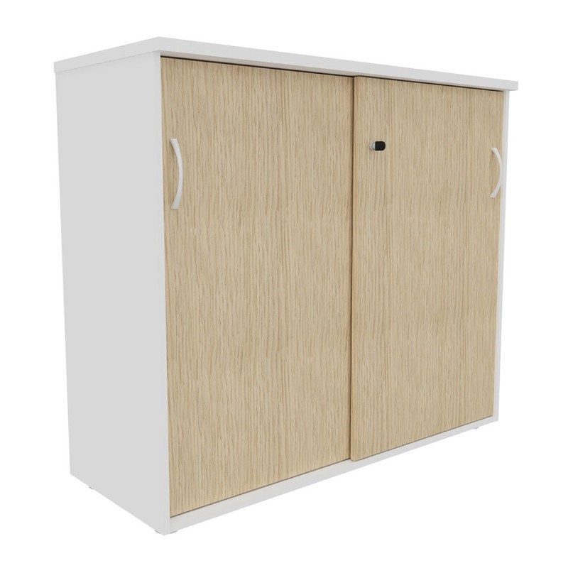 Armoire mi-hauteur portes coulissantes L.120 x P.48 x H.104 cm - Corps Blanc - Top Chêne