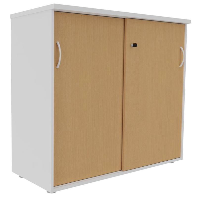 Armoire mi-hauteur portes coulissantes L.120 x P.48 x H.104 cm - Corps Blanc - Top Hêtre