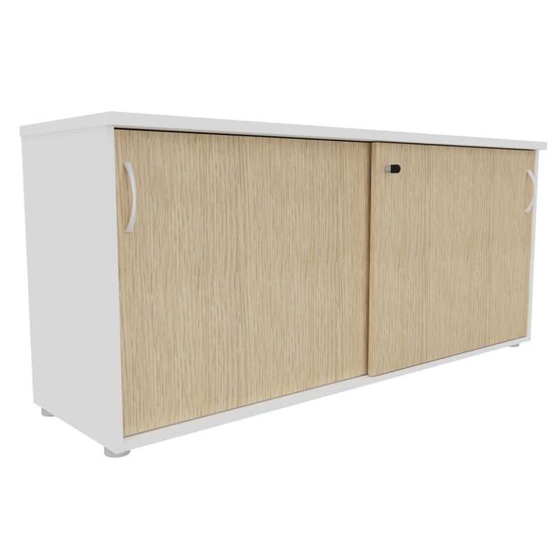 Armoire basse portes coulissantes L.163 x P.48 x H.72 cm - Corps Blanc - Top Chêne
