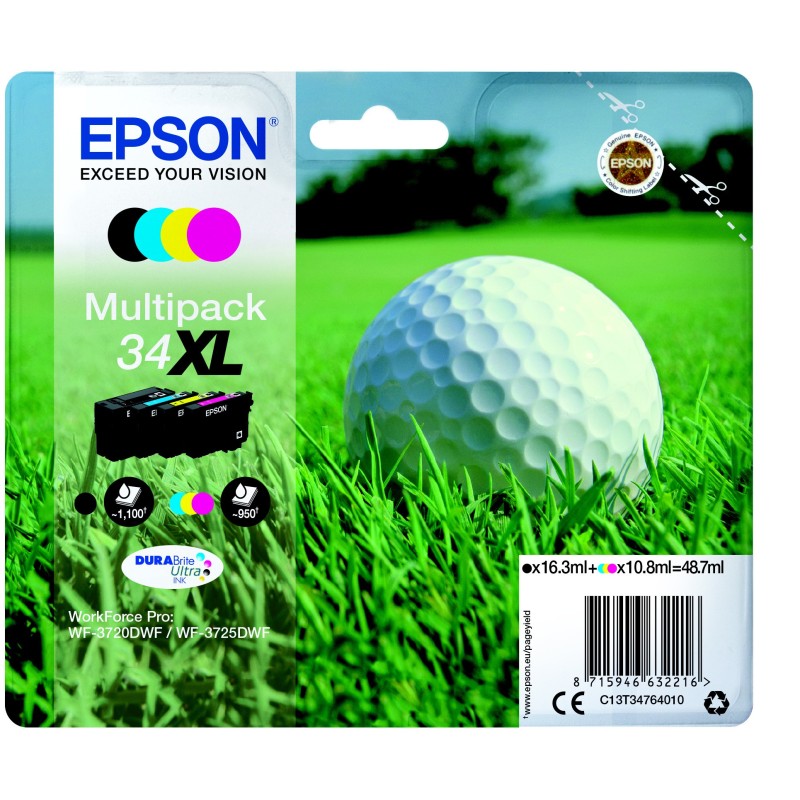 Epson 34 XL "Golf" Cartouche d'encre originale grande capacité C13T34764010 - Pack de 4 (Noir, Cyan, Magenta, Jaune)