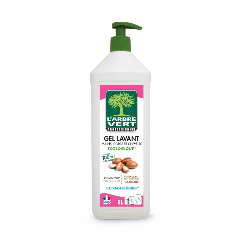 L'Arbre Vert Gel lavant mains, corps et cheveux parfum argan - Flacon pompe 1l
