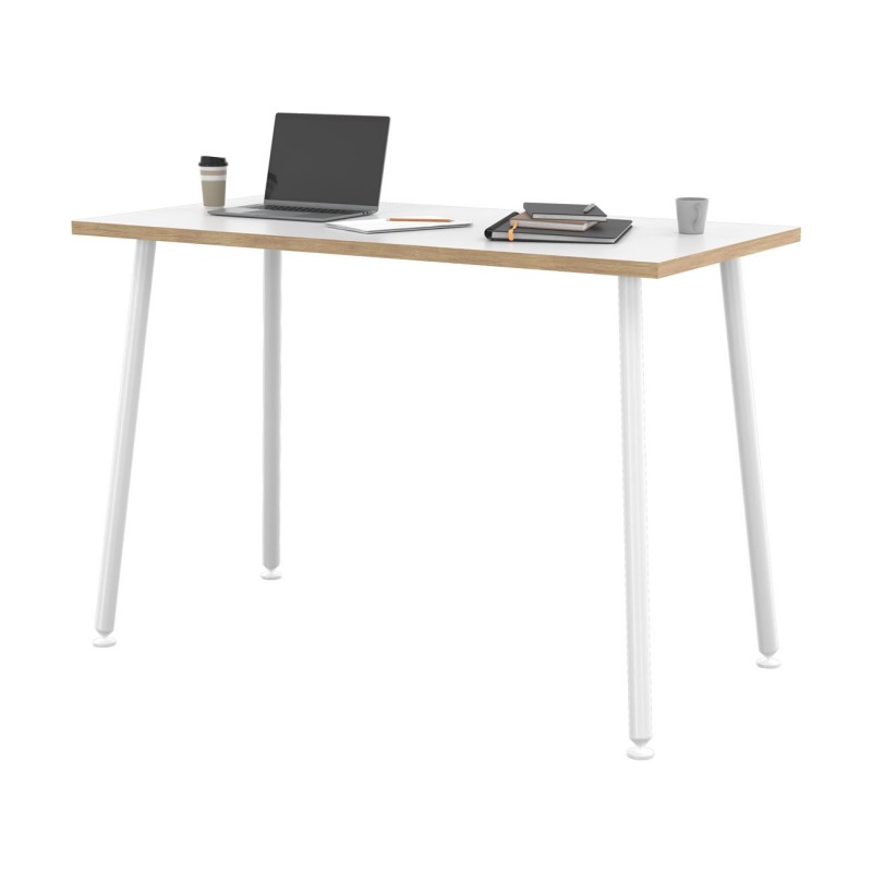 Table haute Halden - L.160 x H.110 x P.80 cm - Plateau Blanc bords Chêne - Pieds métal Blanc