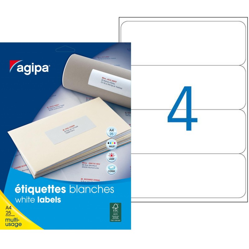 AGIPA 118807 Etiquettes blanches multi-usage 190 x 60 mm - Boîte de 100