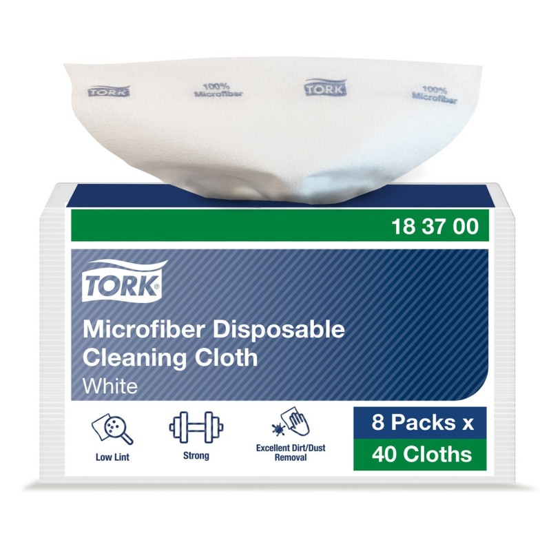 Tork Chiffon de Nettoyage Microfibre usage unique blanc à imprimé bleu utilisation sèche et mouillée - Paquet de 40 chiffons