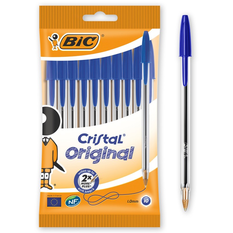 BIC Cristal Original Stylo bille à capuchon pointe moyenne 1 mm bleu - Pochette de 10