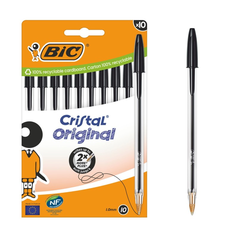 BIC Cristal Original Stylo bille à capuchon pointe moyenne 1 mm noir - Pochette de 10